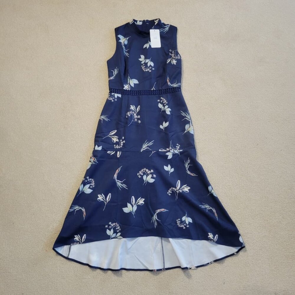 Navy Blue Sleeveless Floral Midi Dress, NWT, Size Medium